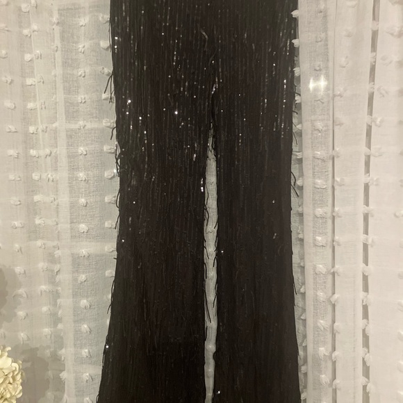 H&M black elastic waist pull on flare sequin fringe pants size Med - Picture 2 of 4
